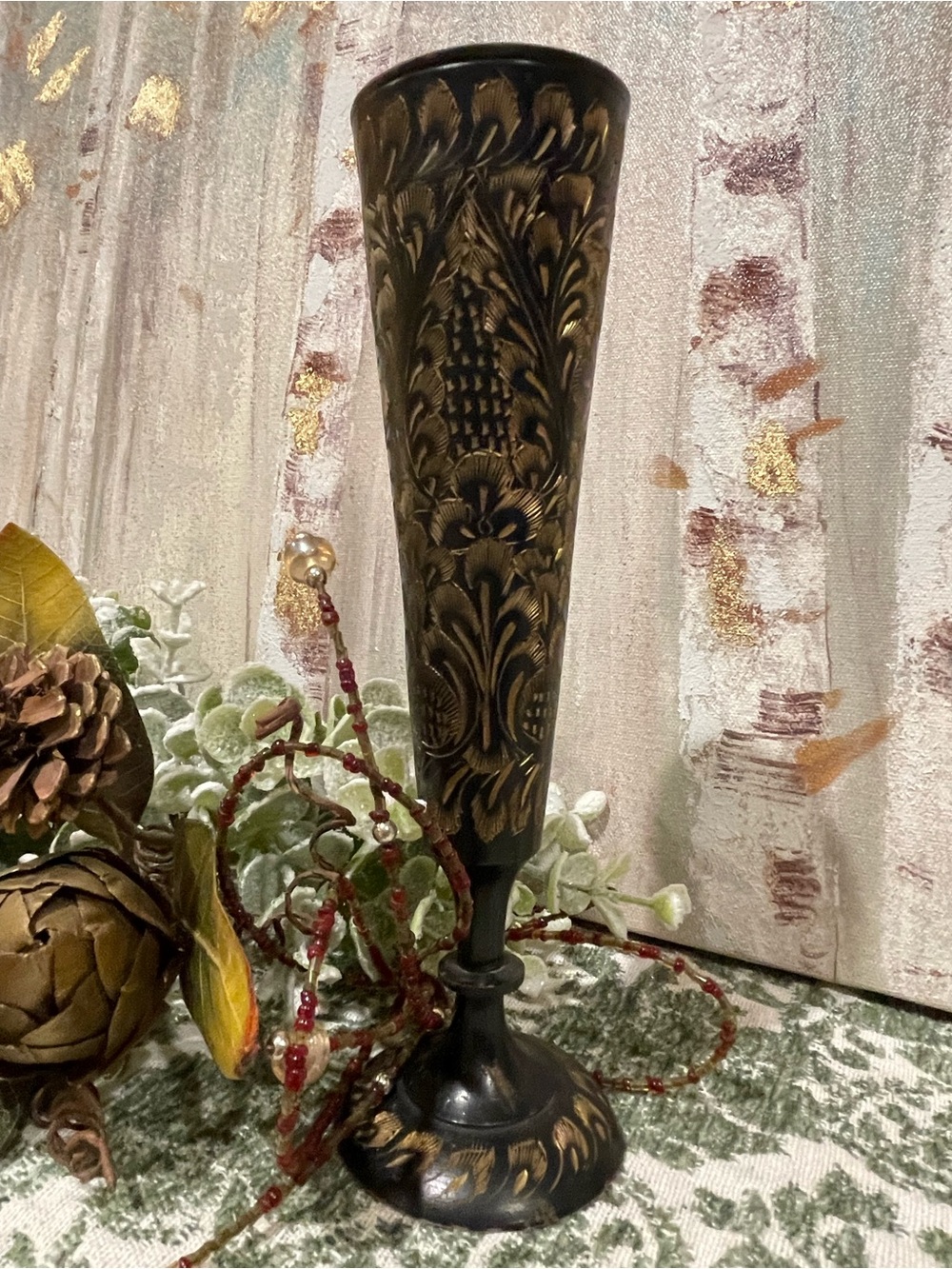 Vintage India Hand Engraved Black Brass Tone Trumpet Vase